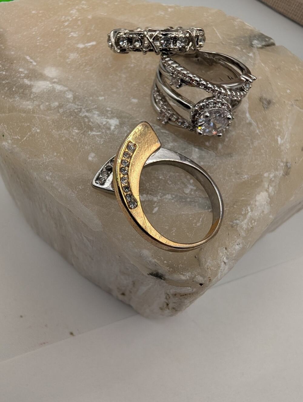 Lot of 3 Fashion Rings Silver Tone & Two Tone Cubic Zirconia Sizes 6, 7, 7.5